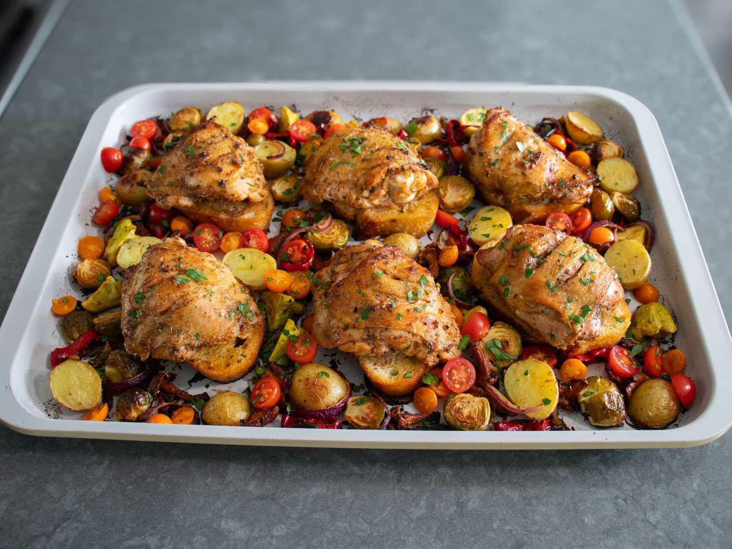 Sheet Pan Harvest Chicken on Pan-Juice Toast