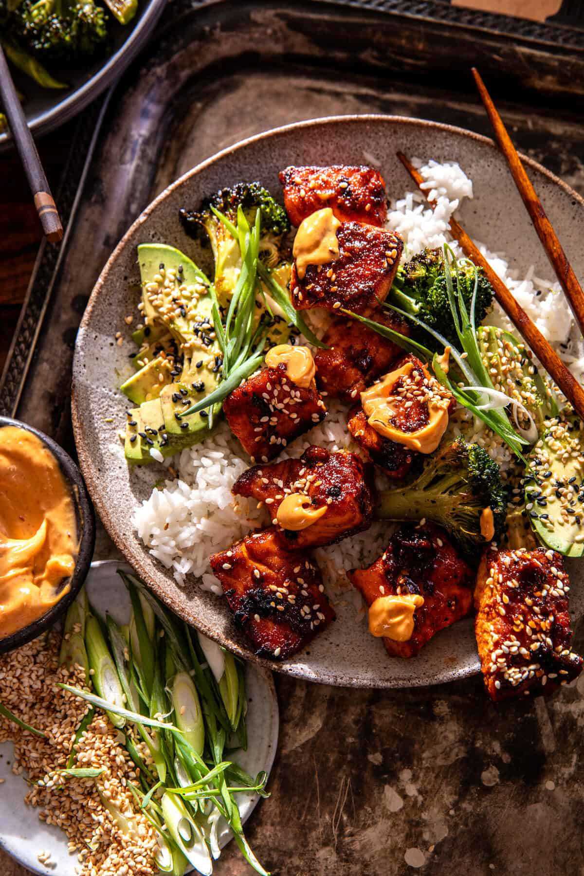 35 Minute Chili Honey Garlic Salmon Bowls