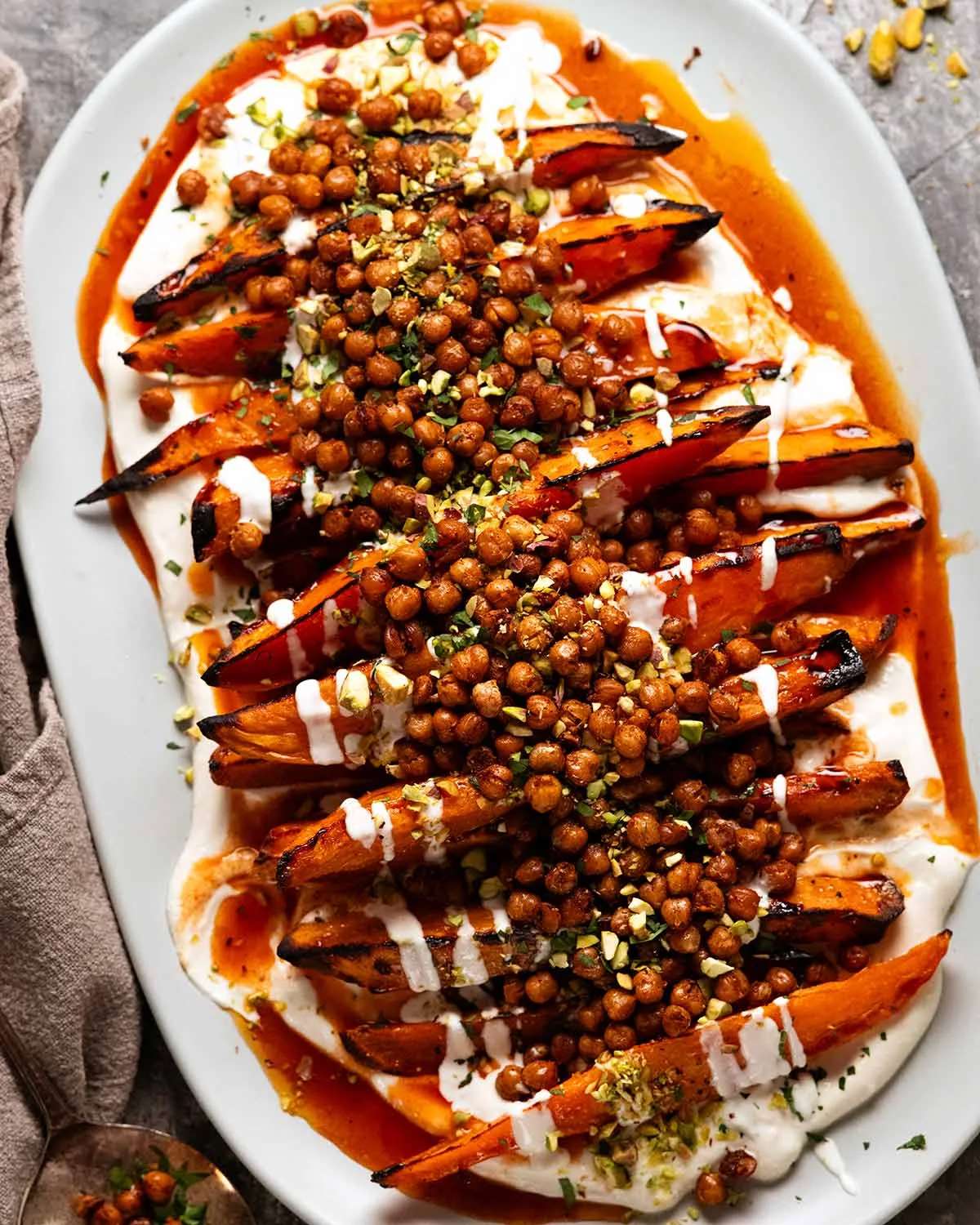 Maple sweet potato salad - with whipped tahini and crispy chickpeas