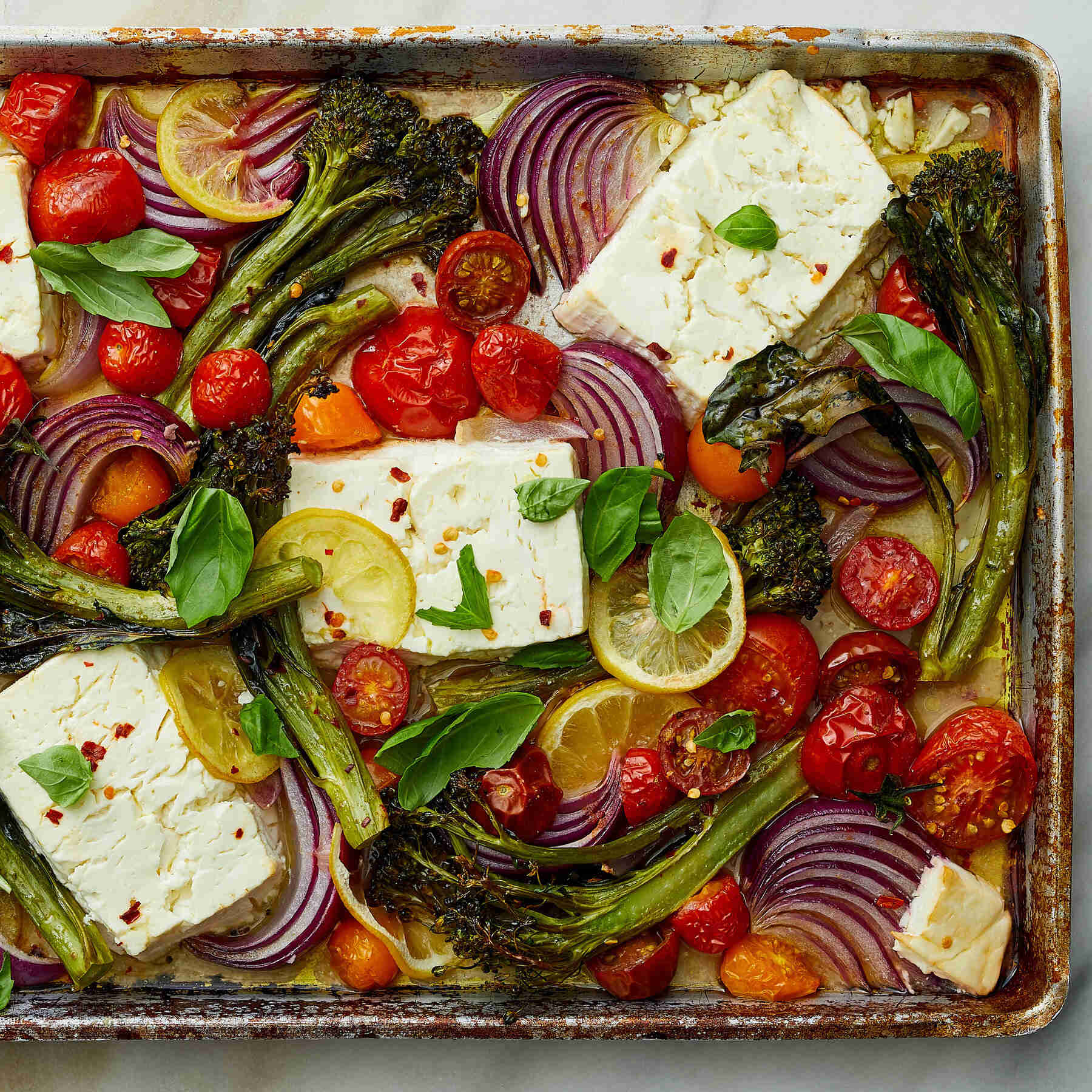 Sheet-Pan Baked Feta With Broccolini, Tomatoes and Lemon