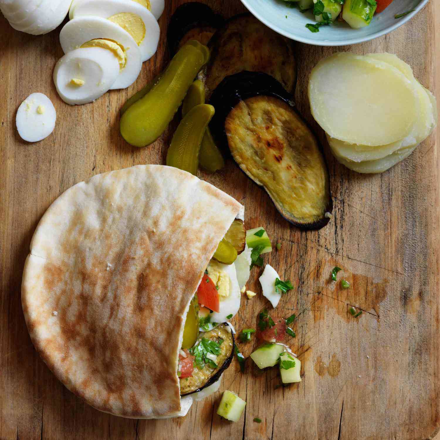 Sabich (Israeli Roast Eggplant, Hummus and Pickle Sandwiches)